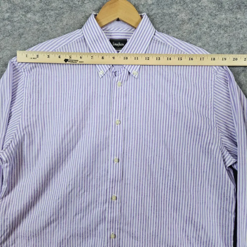 Neiman‎ Marcus Men's Shirt Size L Purple & White Stripes Floral 100% Cotton SPOT